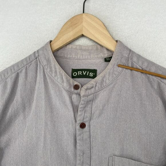 ORVIS Shirt Mens M Flannel Button Up Mandarin Collar Long Sleeve Gray Cotton - Picture 12 of 13